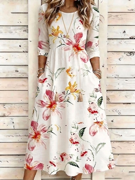 Women Floral Summer Dress Crew Neck Half Sleeve A-Line Dress