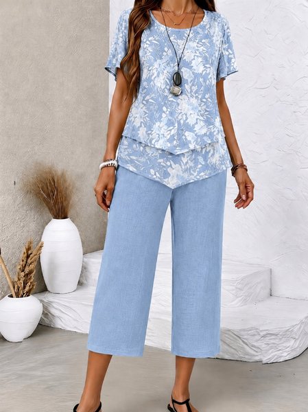 

Women Floral Two-Piece Set Daily Short Sleeve Casual Summer Top With Skirt Matching Set, Light blue, Sets
