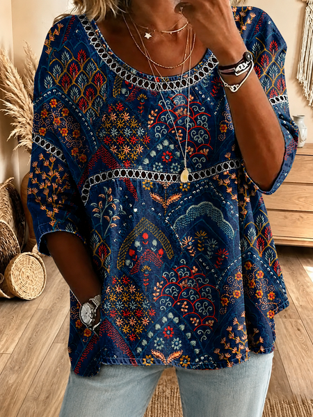 Crew Neck Half Sleeve Ethnic Geometry Regular Micro-Elasticity Loose Graphic Tee Blouse For Women