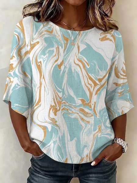 Crew Neck Half Sleeve Abstract Printing Regular Micro-Elasticity Loose Blouse For Women