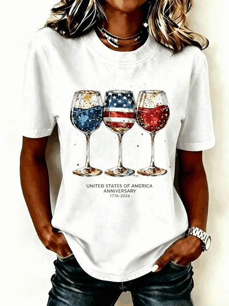Crew Neck Short Sleeve Independence Day (Flag) Regular Micro-Elasticity Loose Shirt For Women