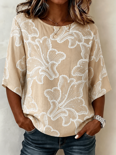 Crew Neck Half Sleeve Floral Printing Regular Micro-Elasticity Loose Blouse For Women