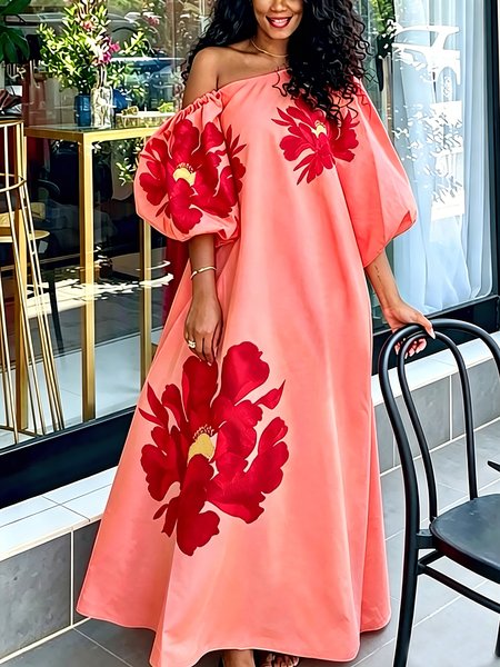 Elegant Floral Puff Sleeve Printing Asymmetrical Maxi Dress