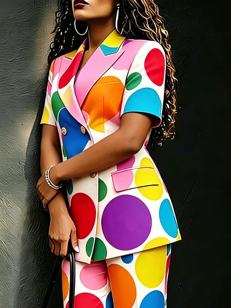 Elegant Buttoned Polka Dots Lapel Collar Blazer