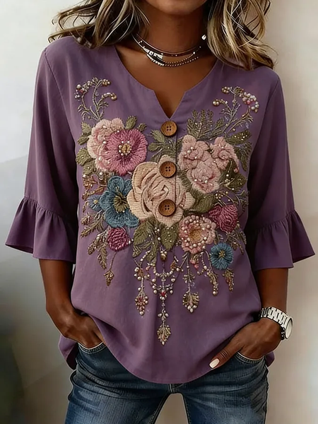 V Neck Half Sleeve Floral Printing Regular Micro-Elasticity Regular Fit Blouse For Women