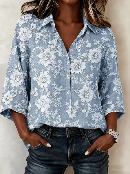 Shawl Collar Half Sleeve Floral Lightweight Loose Shirt For Women