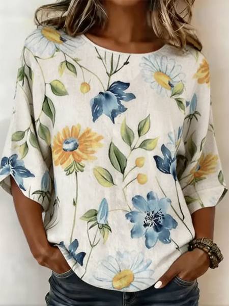 

Women Floral Crew Neck Half Sleeve Blouse Printing Vintage Daily Summer Top, Apricot, Blouses