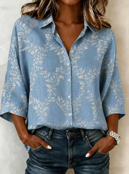 

Shawl Collar Half Sleeve Plants Lightweight Loose Shirt For Women, Blue, Shirts