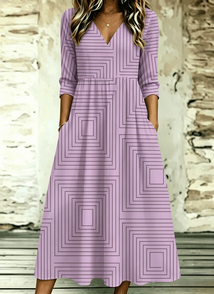Women Geometric Spring/Fall Dress V Neck Three Quarter Sleeve A-Line Dress