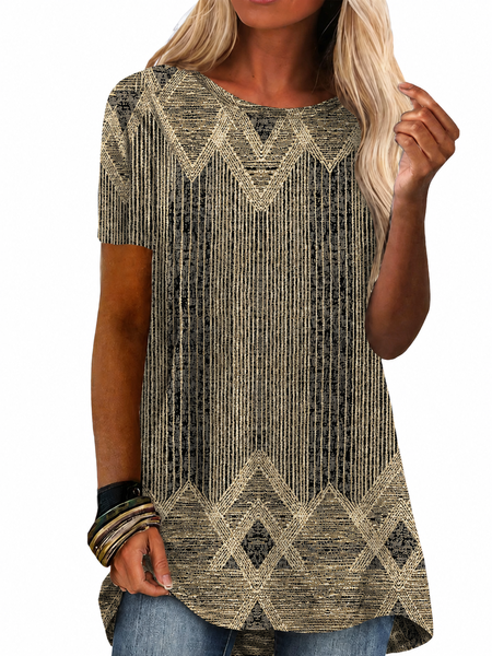 

Vintage Abstract Graphic Crew Neck Short Sleeve T-shirt, Brown, T-shirts