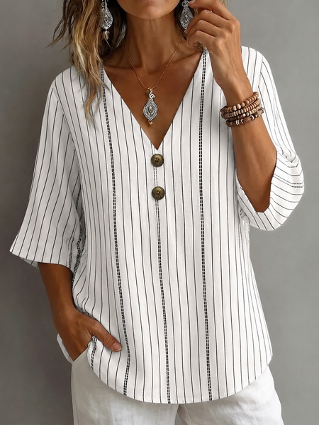 V Neck Half Sleeve Abstract Stripes Regular Micro-Elasticity Loose Blouse For Women