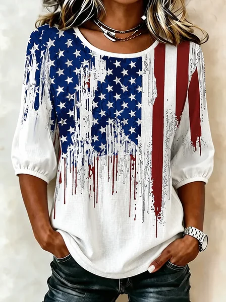 Crew Neck Half Sleeve Geometric Printing Regular Micro-Elasticity Loose Blouse For Women