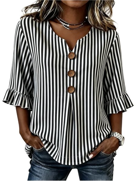 V Neck Half Sleeve Striped Regular Regular Fit Blouse For Women