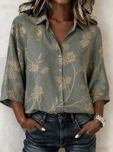 Shawl Collar Half Sleeve Plants Lightweight Loose Shirt For Women