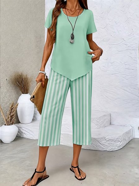 Women Plain Two-Piece Set Daily Short Sleeve Casual Summer Top With Pants Matching Set