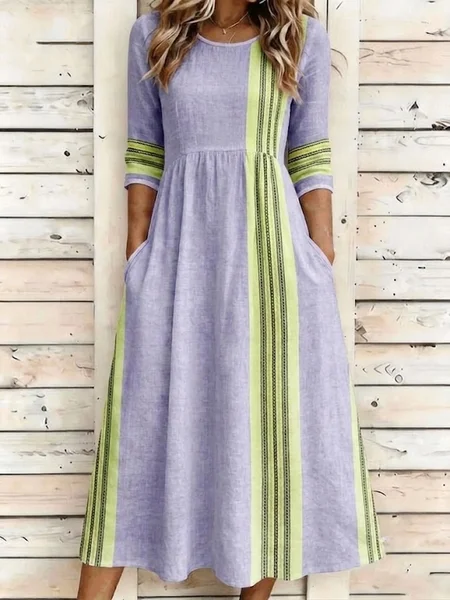 Women Striped Summer Dress Crew Neck Half Sleeve A-Line Dress