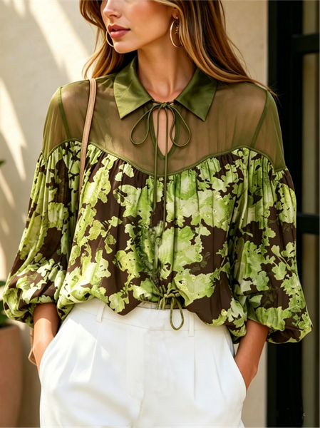 

Elegant Floral Printing Shawl Collar Blouse, Green, Blouses and Shirts
