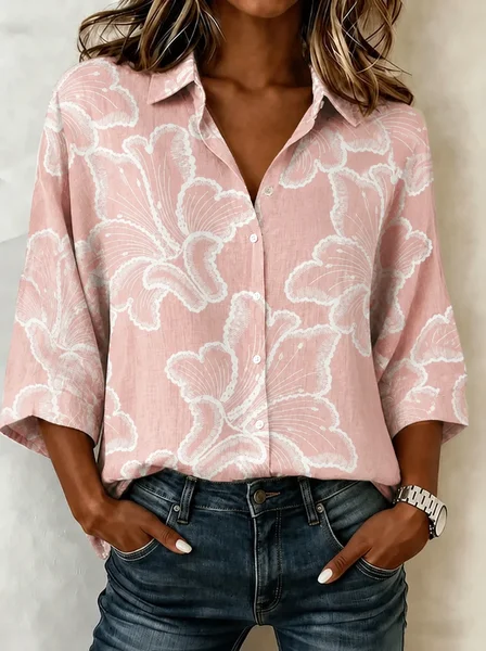 

Shawl Collar Half Sleeve Floral Lightweight Loose Shirt For Women, Pink, Shirts