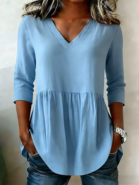 V Neck Half Sleeve Plain Printing Regular Micro-Elasticity Loose Blouse For Women