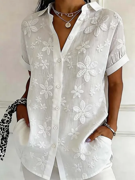 Shirt Collar Short Sleeve Floral Printing Regular Micro-Elasticity Loose Button Up Shirt Shirt For Women