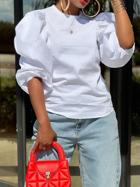 Casual Plain Crew Neck Puff Sleeve Blouse