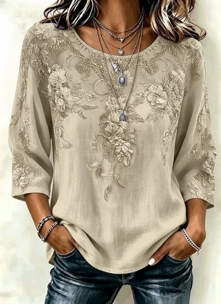 Crew Neck Three Quarter Sleeve 3D Printing Regular Loose Blouse For Women