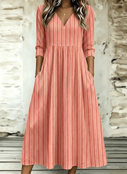 

Women Striped Spring/Fall Dress V Neck Three Quarter Sleeve A-Line Dress, Coral, Dresses