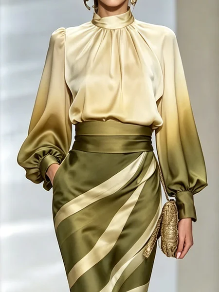 Satin Elegant Gradient Pattern Stand Collar Blouse