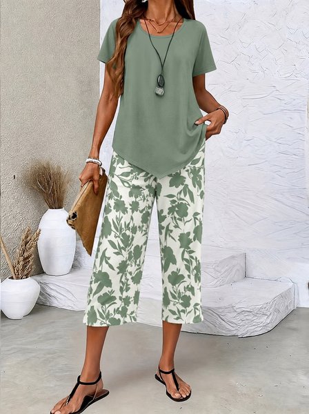 Women Plain Two-Piece Set Daily Short Sleeve Casual Summer Top With Pants Matching Set