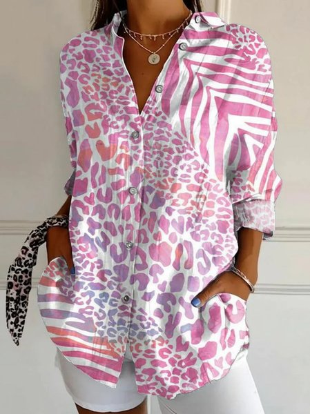 Shirt Collar Long Sleeve Abstract Regular Micro-Elasticity Loose Shirt For Women
