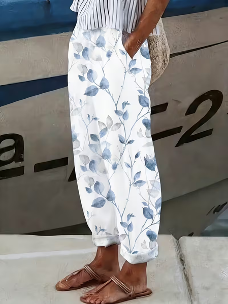 

Women Floral Long Pants Casual Spring/Fall Trousers, White, Pants