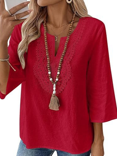V Neck Three Quarter Sleeve Plain Regular Loose Blouse For Women