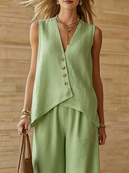 Women Plain Two-Piece Set Daily Sleeveless Casual Summer Top With Pants Matching Set