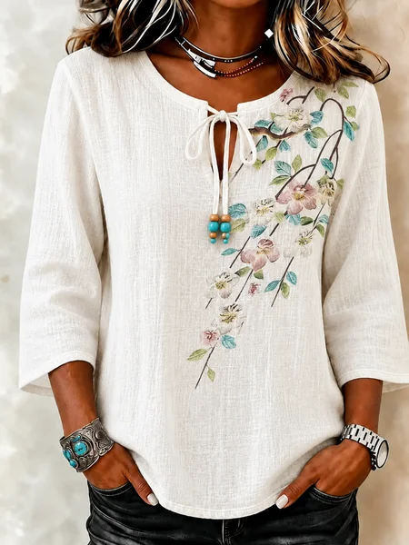 V Neck Half Sleeve Floral Regular Loose Blouse For Women