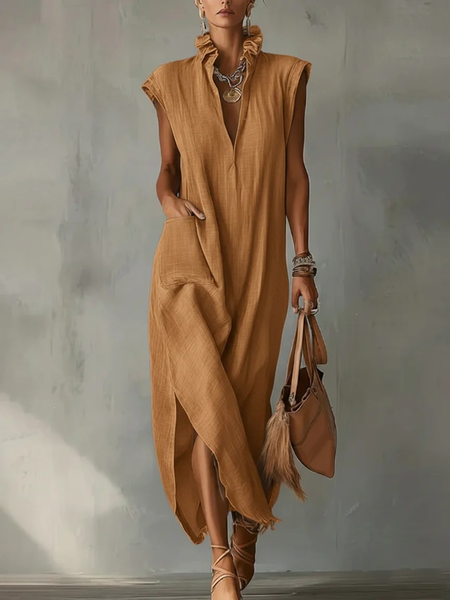 Women Plain Summer Dress V Neck Cap Sleeve A-Line Dress