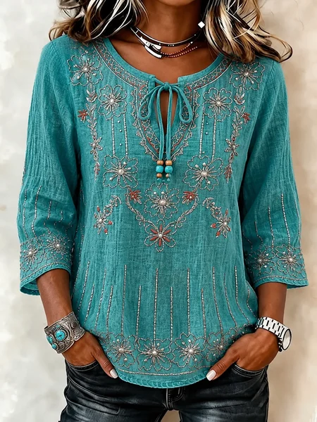 

V Neck Half Sleeve Floral Regular Loose Blouse For Women, Green, Blouses