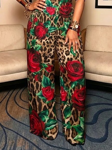 

Elegant Leopard Floral Printing Wide Leg Pants, As picture, Pants