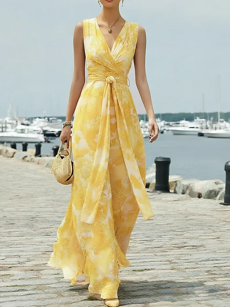 Vacation 3D Printing V Neck Maxi Dress With Belt