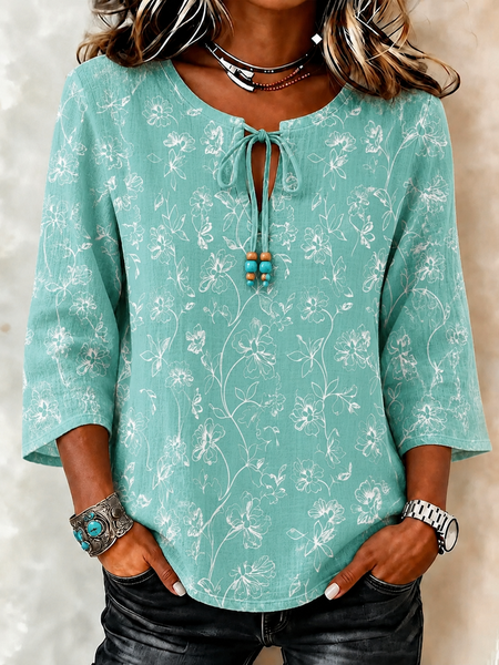 V Neck Half Sleeve Floral Regular Loose Blouse For Women