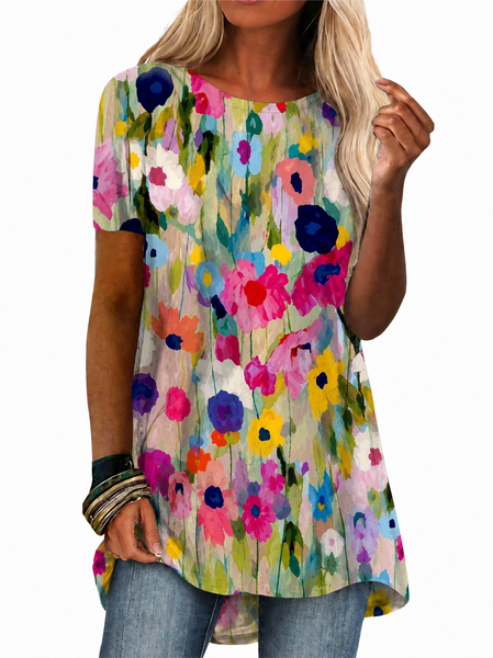 Vintage Floral Crew Neck Short Sleeve T-shirt