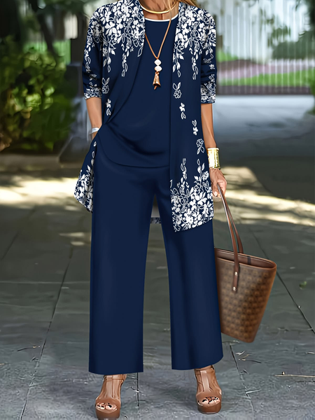 

Women Floral Printing Matching Outfit Daily Long Sleeve Casual Spring/Fall Multi-Piece Set Matching Set, Navyblue, Sets