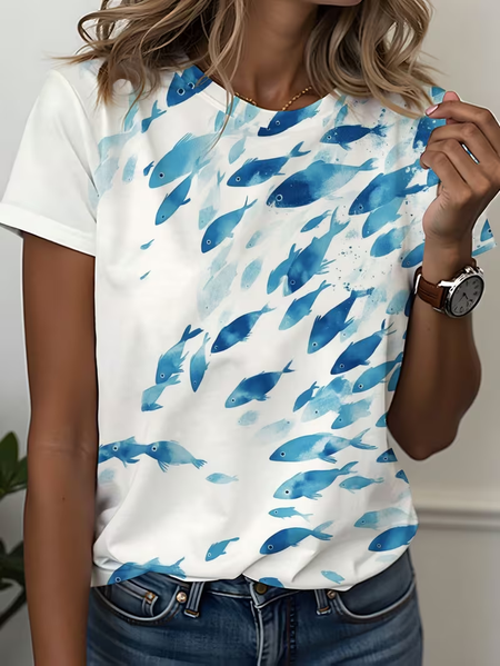 Casual Fish Crew Neck Short Sleeve T-shirt