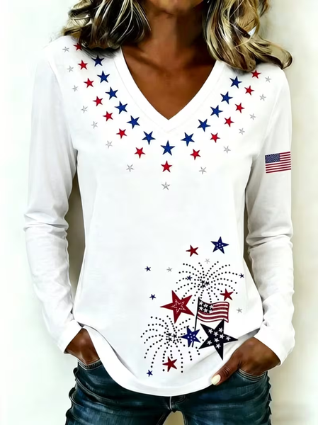 Casual Independence Day (Flag) V Neck Long Sleeve T-shirt