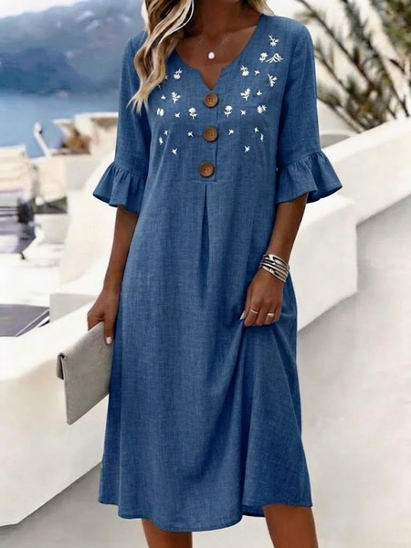 Women Floral Summer Dress V Neck Half Sleeve H-Line Dress