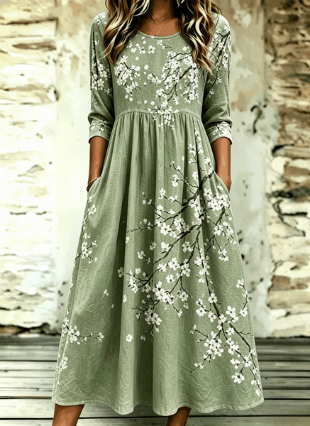 Women Floral Summer Dress Crew Neck Half Sleeve A-Line Dress