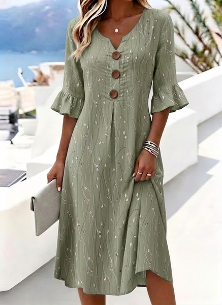 Women Leaf Summer Dress V Neck Half Sleeve H-Line Dress