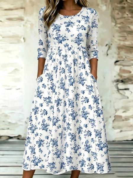 Women Floral Summer Dress Crew Neck Half Sleeve A-Line Dress