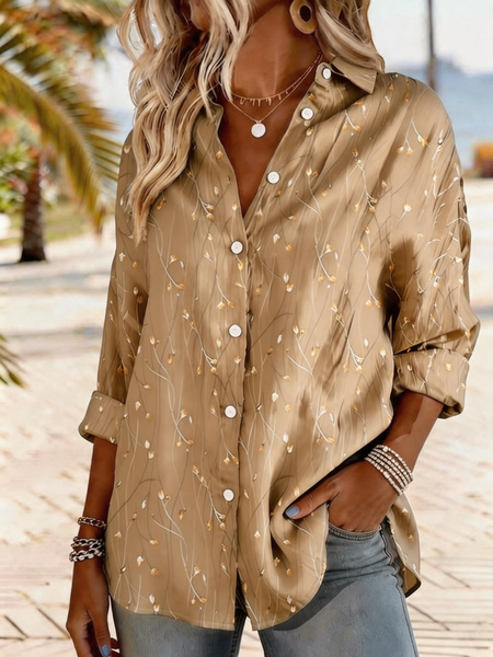 Shirt Collar Long Sleeve Leaf Regular Loose Shirt For Women