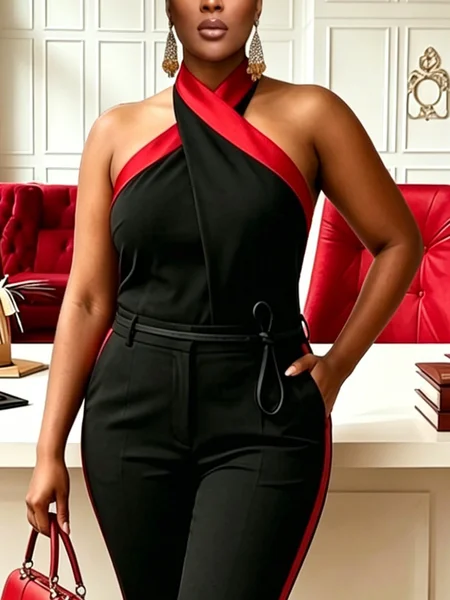 Urban Color Block Split Joint Halter Neck Tank Top