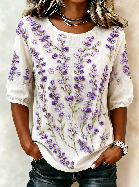 Crew Neck Half Sleeve Floral Printing Regular Micro-Elasticity Loose Blouse For Women